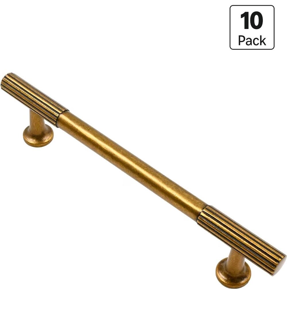 10 Pack Antique Brass Cabinet Pulls 5" Center Ridged Bar Drawer Handles